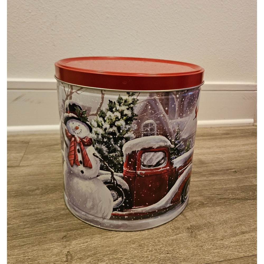 holiday seasonal container Tin Christmas Winter Snow Village Signed Aaron